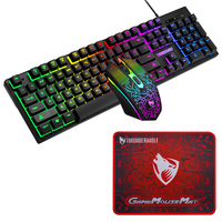 T-WOLF TF400 Ensemble Gaming Filaire 4-en-1 Portable avec Clavier, Souris, Tapis de Souris et Casque Lumière LED pour Ordinateur