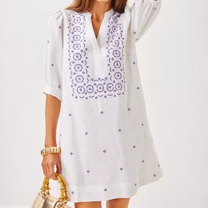 ชุดเดรสผ้าฝ้ายลินินทรงเอ สไตล์ลำลอง คอวี แขนสั้น ความยาวปานกลาง สำหรับผู้หญิง  ปรับแต่งได้ตามต้องการ - Product Image 3