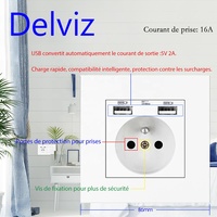 Prise Murale Delviz AC 100~250V avec Façade PC, Protection Surcharge et Port Chargeur 2A, Prise de Courant Française Standard 16A avec Double Port USB