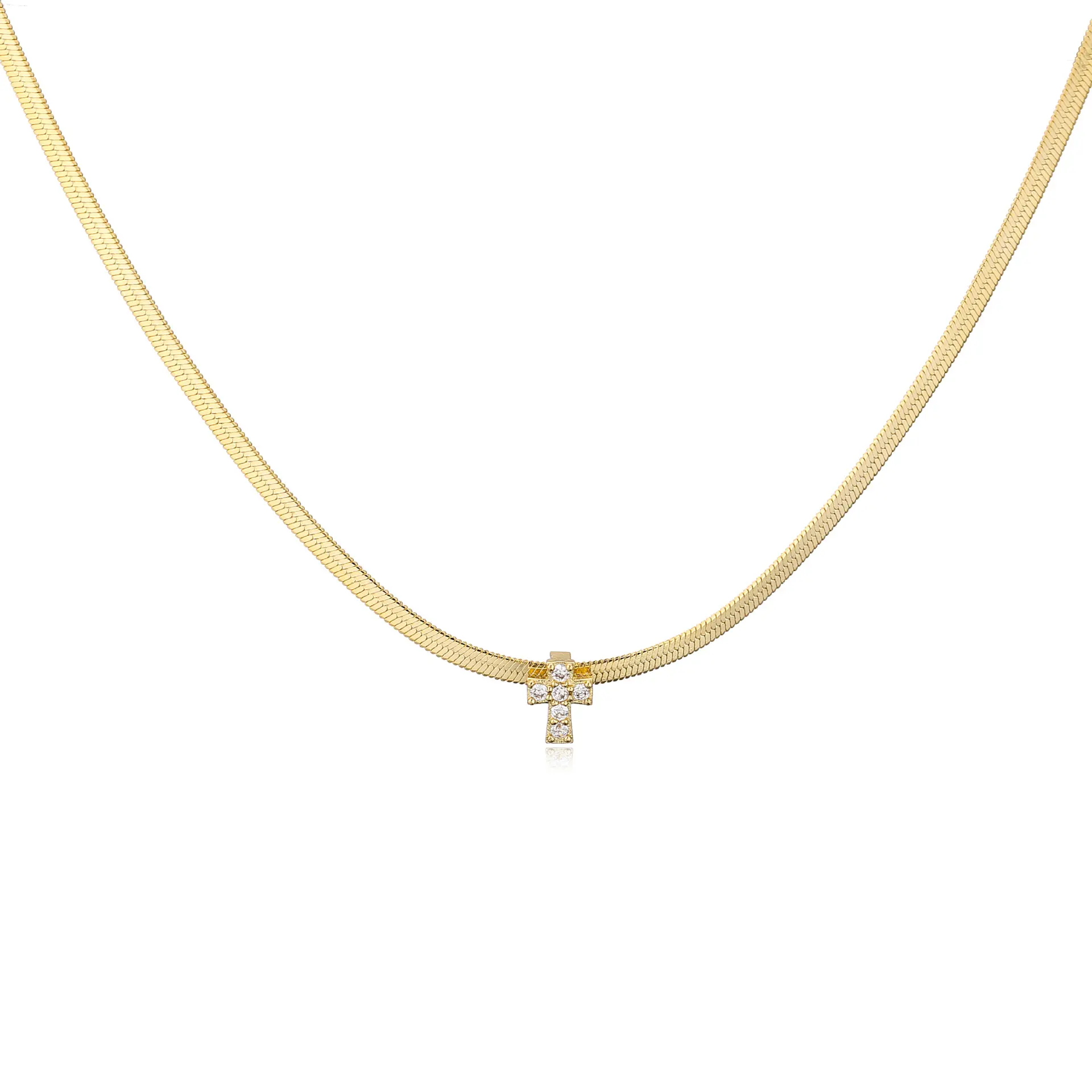 NUORO Trendy 18K oro plateado joyería de acero inoxidable cadena plana de hueso de serpiente con incrustaciones de circón collar de gargantilla de cruz cristiana