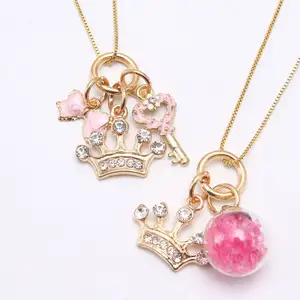 Enamel Box Chain Children Necklace Gold Crown With Rhinestone Pink Key Rosette Bow Pendant Chain Necklace