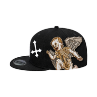 Topi Snapback 6 Panel Bordir 3D Salib Gotik Malaikat Kerangka Hitam Logo Kustom Streetwear Gorras