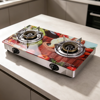 Kompor Gas Outdoor China dengan Meja Kaca Temper, Kompor Gas Portabel 2 Tungku untuk Memasak di Dapur Rumah