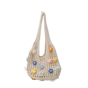 Bolso de Playa de Verano Tejido Calado Estilo Bohemio, Bolso de Hombro Tipo Tote para Mujer con Flores - Product Image 5
