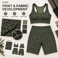 Ensemble de yoga personnalisé pour femme, imprimé léopard, respirant, extensible dans les quatre sens, soutien-gorge de sport et short cycliste taille haute, 2 pièces, tenue de sport privée