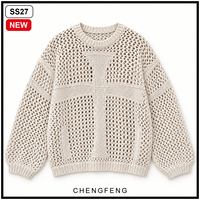 Pull d'été pour homme en maille ajourée crochetée beige, col rond, manches longues, style streetwear, vente en gros
