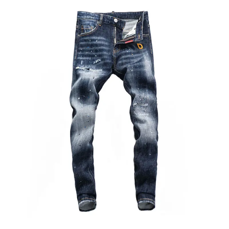 Falten-splitterhosen mit Stickerei perforierte Jeans für Herren Emblem handbemalte Herrenhosen