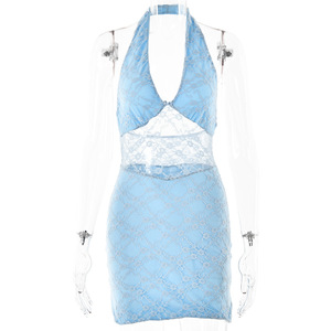 Cocktail Dress Halter Neck Lace <b>Patchwork</b> Backless Short Translucent V-Neck Sleeveless Natural Waistline - Product Image 5