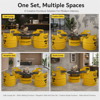 Ensemble de salon industriel jaune en forme de fût d'huile, directement de l'usine, avec chaises rembourrées et table basse ronde pour bar à domicile et usage extérieur