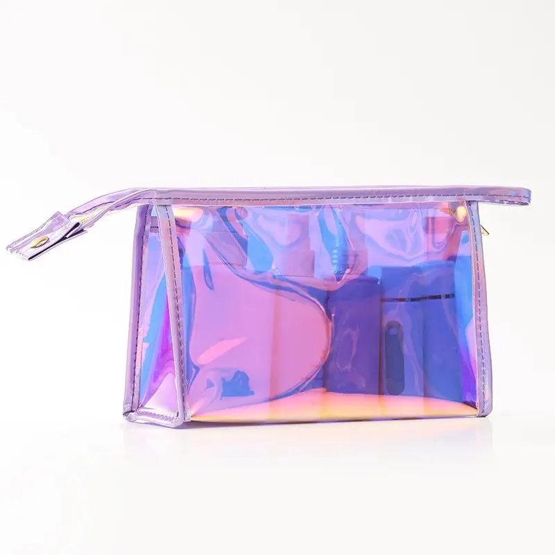 2024 new style custom print Laser dazzle make-up pouch PVC Clear leather Travel Lightweight Essentials vanity cosmetic bags