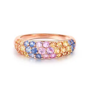 Cincin Batu Permata Emas 18 K Warna-warni Pelangi Cincin Wanita Warna Rose Gold Cincin Safir Kustom Grosir