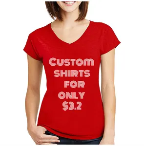 Hoge Kwaliteit Factory Custom Zeefdruk Ontwerp Katoen Spandex Rood Bulk V-hals T-shirts Vrouwen