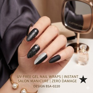 Autocollants d'ongles en gel noirs personnalisé<span class=keywords><strong>s</strong></span> sans UV, avec paillettes argentées, semi-durcis, qualité salon, sans HEMA, pour manucure en gros - Product Image 2