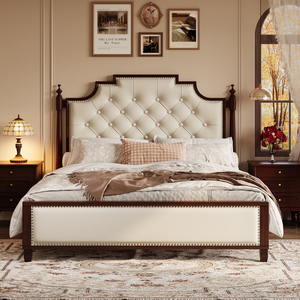 Cama Doble Americana de Lujo Moderno de 1.8m con Estructura de Madera Sólida y Tapicería de Tela, con Botones, en Nogal y Roble para Dormitorio Principal - Product Image 2
