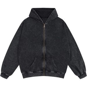 Sweat-shirt à capuche zippé FOXA pour homme, coupe ample, effet délavé vintage, unisexe, streetwear, coton French Terry - Product Image 1