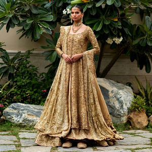 Robe de mariée moderne en mousseline de soie brodée dorée, style A-line, avec dentelle, manches longues, col carré, perles et détails perlés, longueur ras du sol - Product Image 1