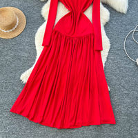 Robe longue élégante pour femmes WIWT, rouge, à manches longues, style A, décontractée, col en V, plissée, fluide, maxi, pour tous les jours, pour les fêtes, robes décontractées