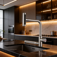 Robinet de cuisine contemporain en acier inoxydable noir, à poignée unique, avec valve en céramique, design moderne, montage sur plan, monotrou