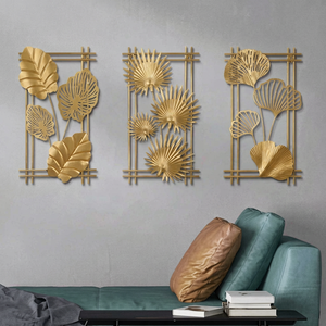 Ensemble de 3 pièces, décoration murale en métal encadrée d'or, feuilles de palmier tropical Monstera, feuilles de Ginkgo, sculpture murale suspendue, plaque pour salon - Product Image 1