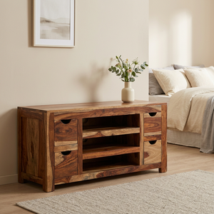 Mueble de TV moderno de madera de Sheesham con 4 cajones y 3 estantes para sala de estar, dormitorio o habitación de hotel. - Product Image 2