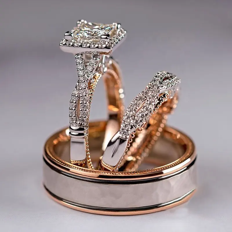 New 2021 luxury rose gold brilliant zircon matching rings jewelry women vintage couple engagement 3 piece ring set wholesale