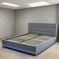 Cadre de lit moderne rembourré en lin avec vérin à gaz, éclairage d'ambiance LED et sommier à lattes, disponible en tailles King et Queen, mobilier de chambre