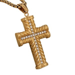 Pendentif Croix Rétro en Acier Inoxydable Sertie de Pierres, Vente en Gros, Collier Hip Hop Chrétien Or Argent Noir, Bijoux Religieux pour Hommes - Product Image 1