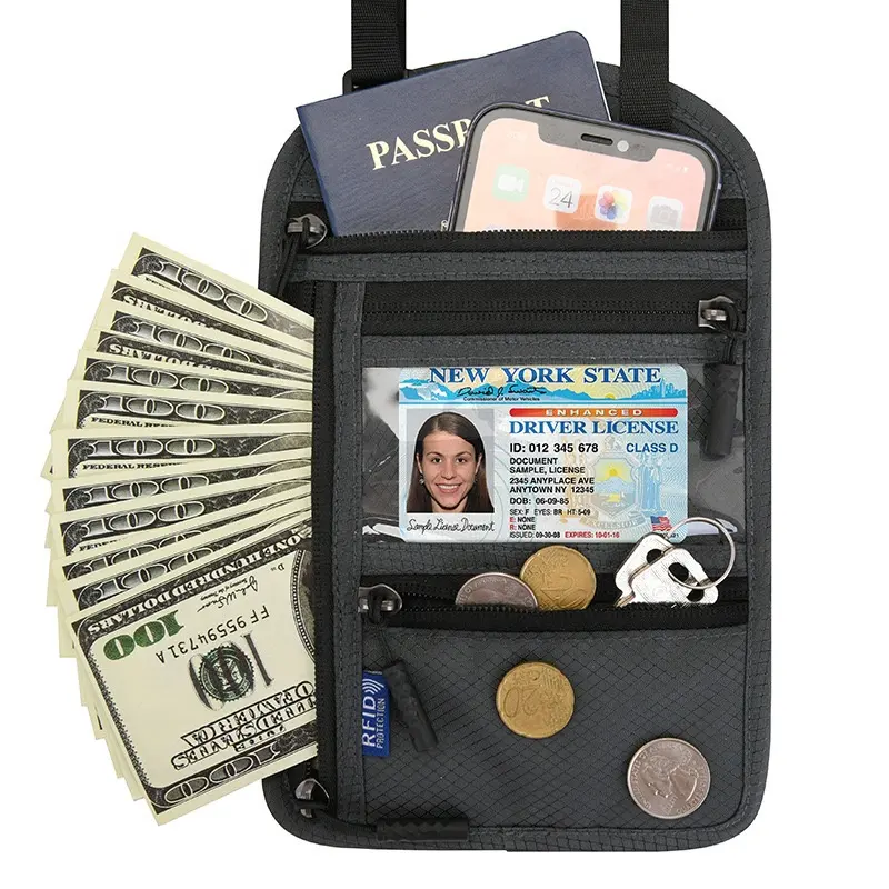 Bolsa de pasaporte colgante de cuello funcional RFID bandolera bolsa de almacenamiento de hombro funda de protección de documentos de billete de vuelo en el extranjero