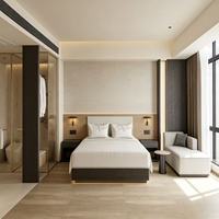 Ensemble de lit double de qualité commerciale pour chambre d'hôtel, avec cadre en bois et tête de lit rembourrée douce, pour projets hôteliers