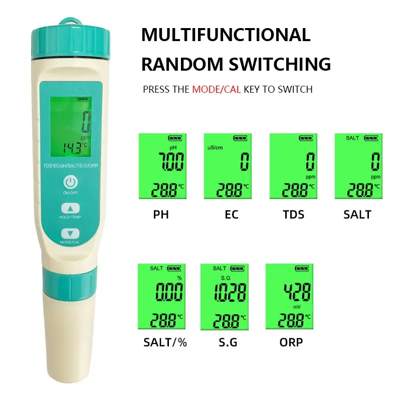 2023 Neueste digitale 7-in-1-Multifunktions-Salinity-tds-Einheiten Wasser qualitäts tester Leitfähig keit pH/TDS/EC/TEMP-Messgerät pH-Tester