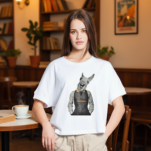 T-shirt court décontracté en toile imprimé numérique pour femme, coupe ample, écologique, XS/SM, 'Vintage Donkey', 100% coton, col à nœud - Product Image 2