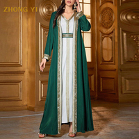 Abaya turque personnalisée pour femmes, 2 pièces en dentelle à manches longues et ceinture, caftan islamique marocain, robe longue modeste pour femme arabe
