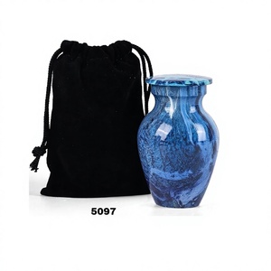 Urne adulte de crémation de petit souvenir en métal bleu pour cendres humaines avec marbre fini pour sac de velours gratuit de cendres - Product Image 1