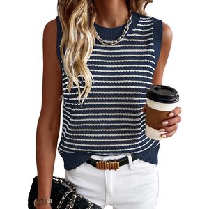 FOXA Womens Striped Sleeveless Knit Vest Top Lightweight Breathable Summer Spring Outer Wear Clothes Vacation Outfits - Product Image 1