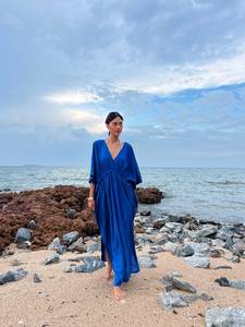 Blue Maxi Cotton <b>Dress</b> With V Neck <b>Long</b> Sleeves Drawstring Waist Flowing Silhouette Side Slit Relaxed Resort Style Kaftan <b>Dress</b> - Product Image 4