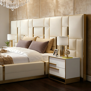 Lit de luxe en bois massif de style européen pour hôtel, couleur marron simple, noir, véritable lit en cuir italien de luxe moderne, taille king - Product Image 3