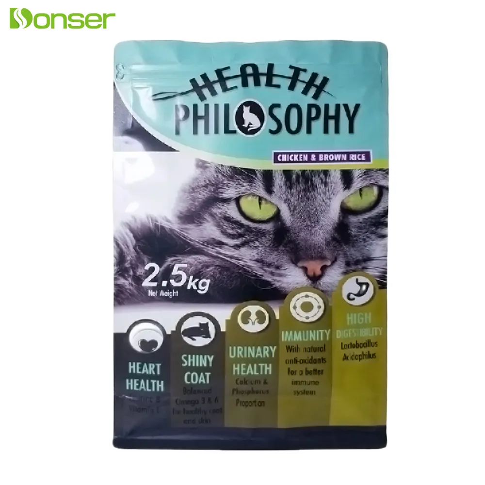 Grand aliment plat pour animaux de compagnie pour chat nourriture pour chien 1.25kg 2.5kg 10kg emballage avec logo personnalisé sac en plastique à fond carré au design personnalisé
