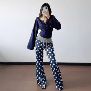 Pantalones Largos Rectos para Mujer con Bloques de Color y Estampado de Puntos, Cintura Elástica con Cordón, Ajuste Regular, Casuales y Relajados, 100% Algodón - Product Image 1