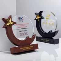 Trophée en cristal sur base en bois noir et brun personnalisé, étoile en métal doré, cercle, plaque de trophée en cristal