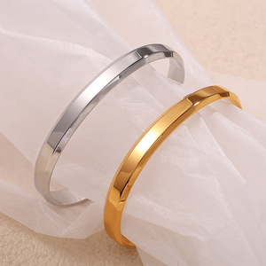 <b>Titanium</b> Steel Bracelet 18K Plated Gold Silver Color Smooth Finish Unisex Gift Jewelry - Product Image 1