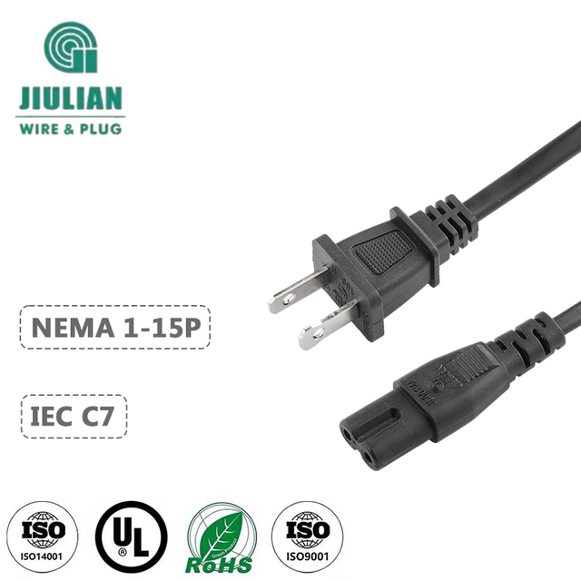 2-Slot Polarized Power Cord, NISPT-1 18AWG Angled IEC320 C7 to NEMA 1-15P Power Cable, 15FT Black CUL Listed