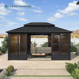 Pabellón Contemporáneo <span class=keywords><strong>para</strong></span> Patio con Estructura de Aluminio 12*12, Techo Rígido, Puertas Corredizas, Diseño de Techo Ventilado Resistente a los Rayos UV, Solárium - Product Image 1