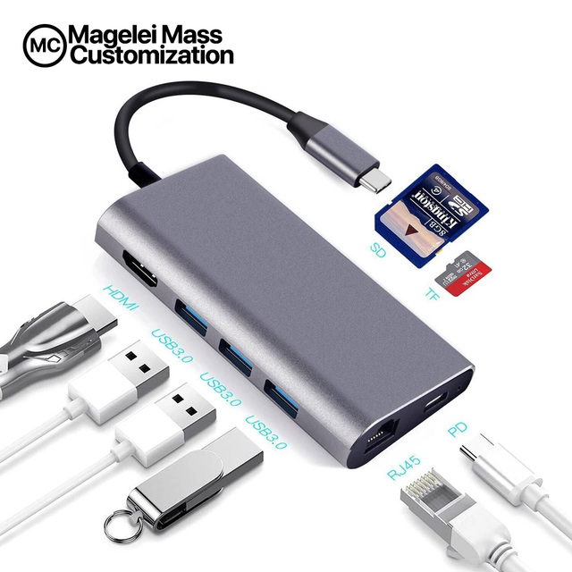 Multifunction 8 in 1 USB3.1 Usb C Type C to Hdmi +3*usb 3.0+ Rj45 Ethernet Gigabit +PD+Sd+tf Card Reader Adapter Hub Usb C HUB