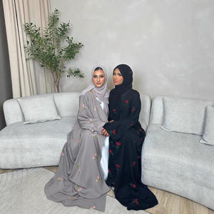 Tissu Nida de haute qualité de luxe Abaya ethnique de Dubaï ouverte sur le devant Abaya ouverte unie de broderie florale modeste pour musulmans - Product Image 1