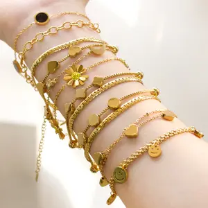Elegant Bracelet Double Layer Custom Heart Round Geometric Charm Accessory Gold Plated Stainless Steel Bracelet Armband Women