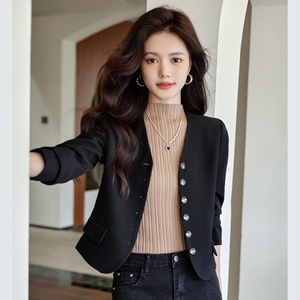 Women's Black Blazer Short Style Solid Color Polyester Wool Blend Spring Autumn Wear - Product Image 1