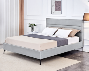 Cadre de lit rembourré élégant de style chambre moderne et confortable avec tête de lit en tissu doux et structure en bois - Product Image 1