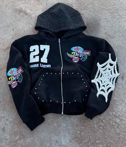 เสื้อฮู้ดซิปผ้าฝ้ายกันน้ำสำหรับฤดูหนาว ตกแต่งด้วยคริสตัล ปักลาย  ทรงโอเวอร์ไซส์  สำหรับผู้ชาย  ออกแบบลายพิมพ์ - Product Image 2