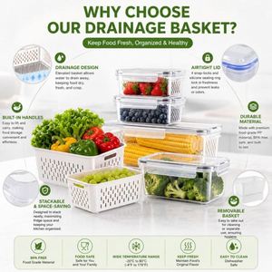 Custom Food Storage <b>Container</b> with Drain Basket and Airtight Lid for <b>Refrigerator</b> Fruit & Vegetable Organizer - Product Image 4