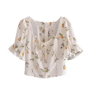 Vintage tasarım kare yaka kısa kollu ön dantel up limon baskı gömlek bayan bluzlar tops
